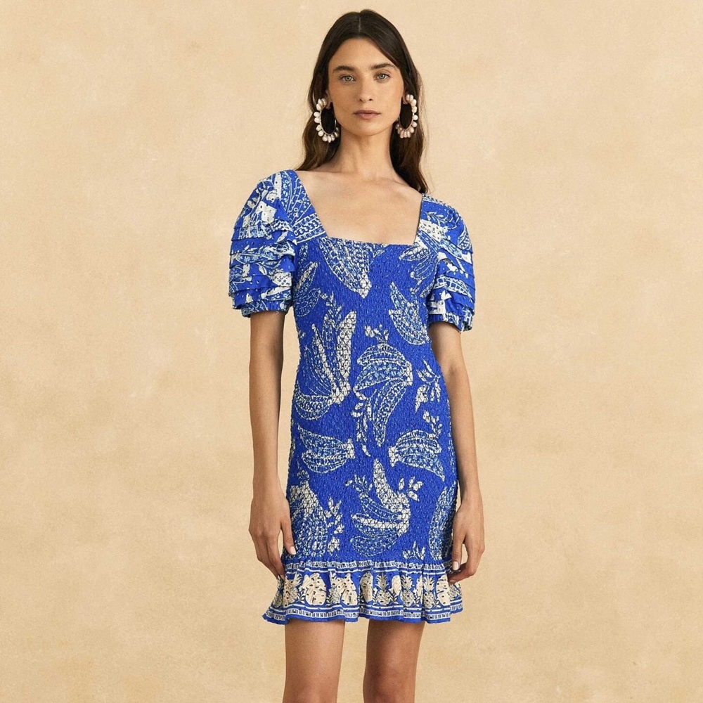 FARM RIO Blue Smocked Banana Printed Broderie Anglaise Cotton Mini Dress size XS